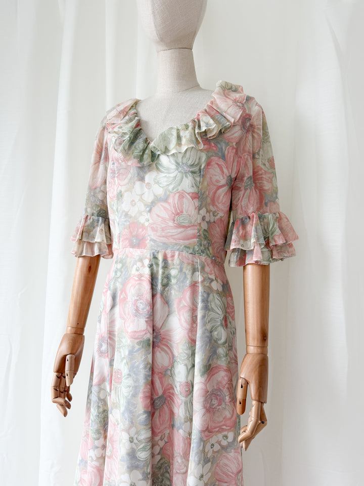 Ethereal 1970s Floral Cotton Maxi Dress