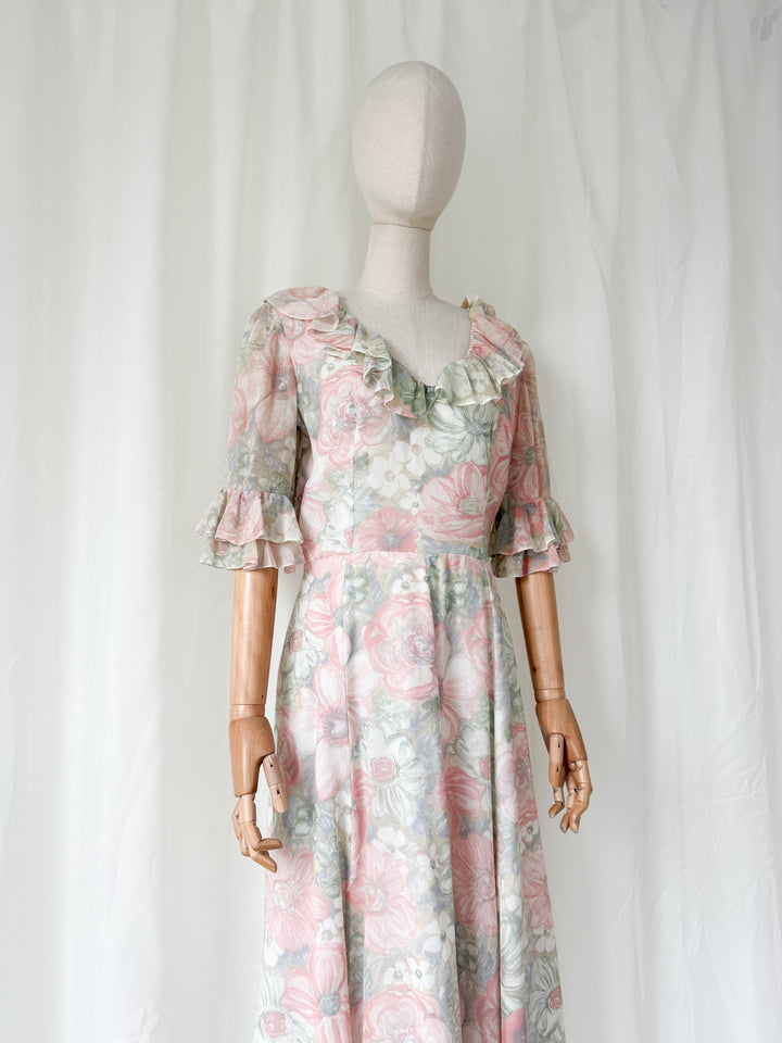 Ethereal 1970s Floral Cotton Maxi Dress