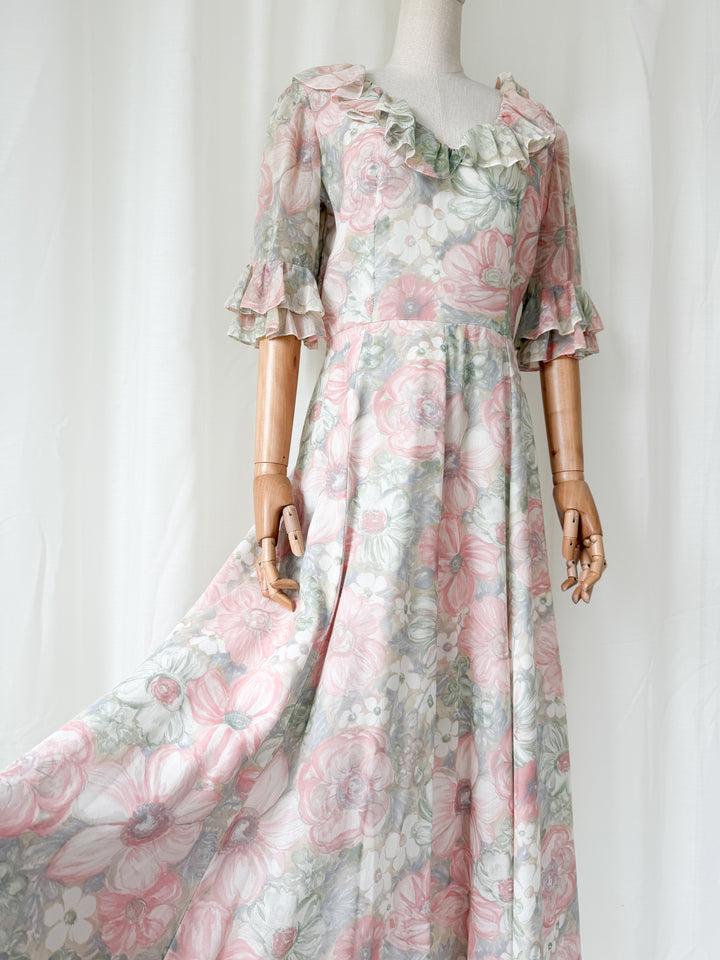Ethereal 1970s Floral Cotton Maxi Dress