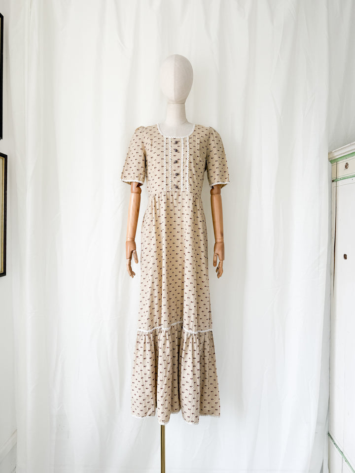 Adorable 1970s Bohemian Tan Floral Cotton Maxi Dress