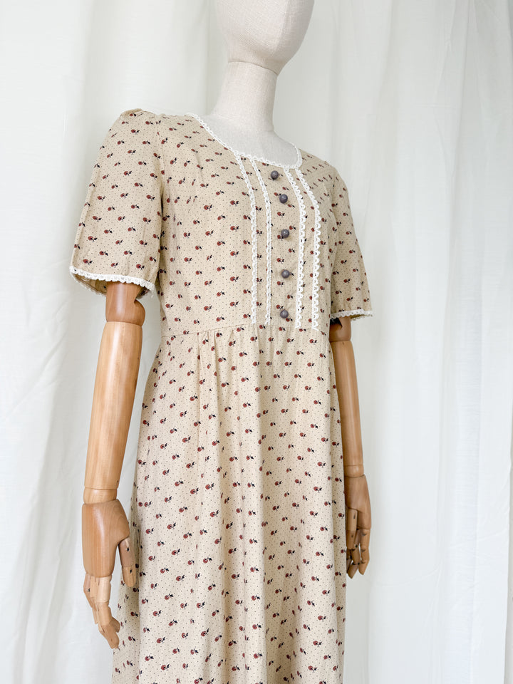 Adorable 1970s Bohemian Tan Floral Cotton Maxi Dress