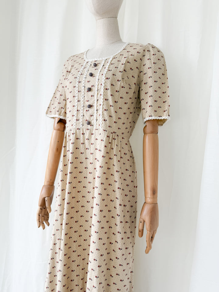 Adorable 1970s Bohemian Tan Floral Cotton Maxi Dress