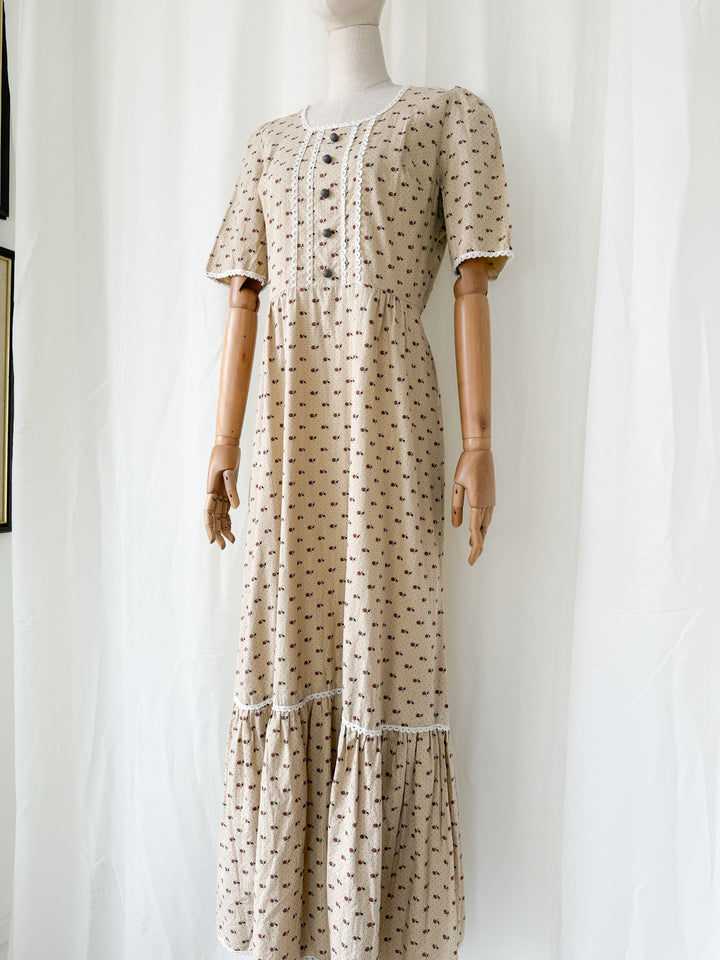 Adorable 1970s Bohemian Tan Floral Cotton Maxi Dress