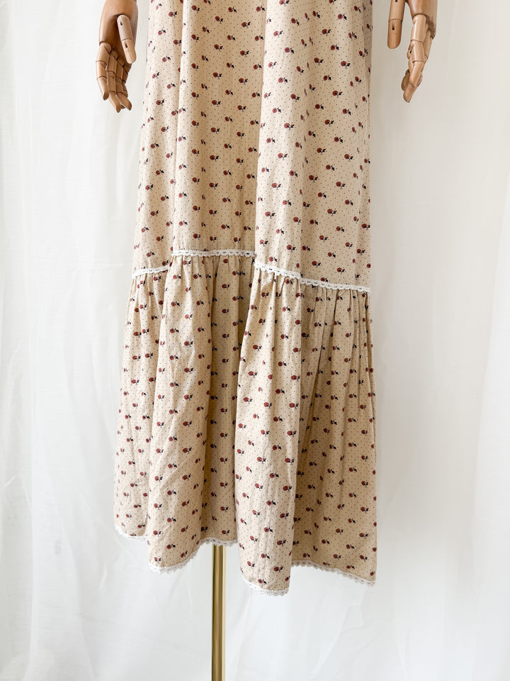 Adorable 1970s Bohemian Tan Floral Cotton Maxi Dress