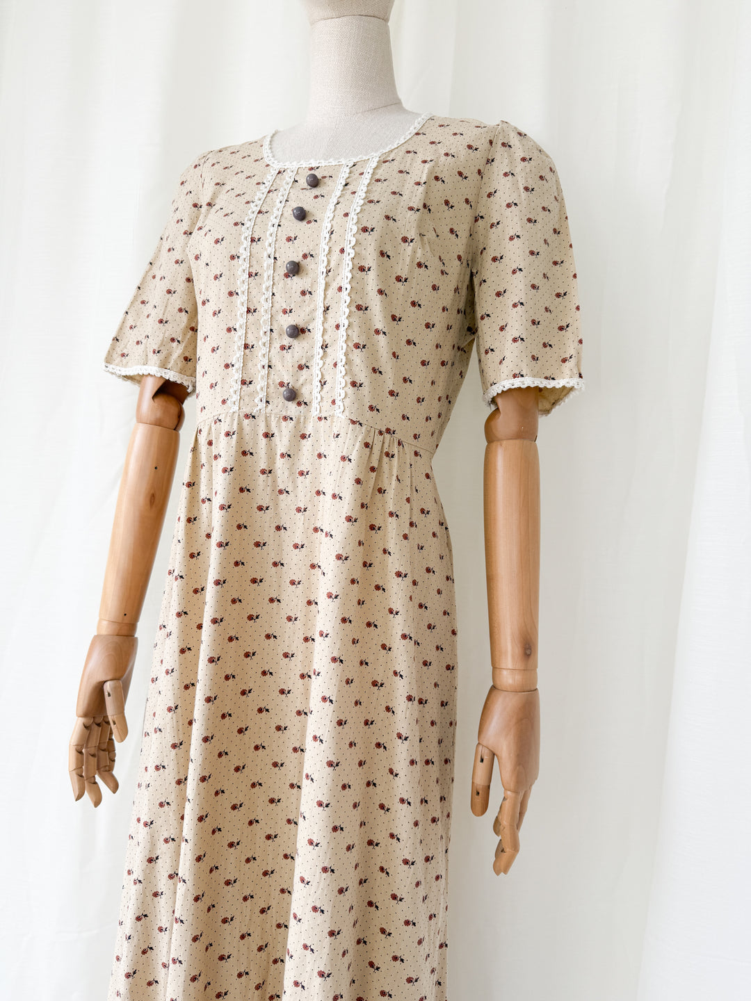 Adorable 1970s Bohemian Tan Floral Cotton Maxi Dress
