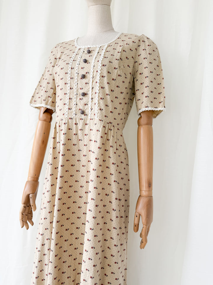 Adorable 1970s Bohemian Tan Floral Cotton Maxi Dress