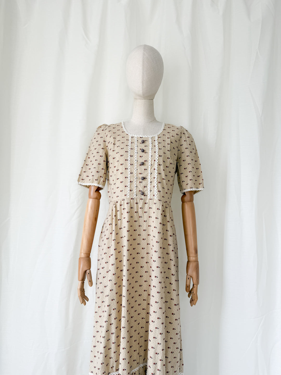 Adorable 1970s Bohemian Tan Floral Cotton Maxi Dress