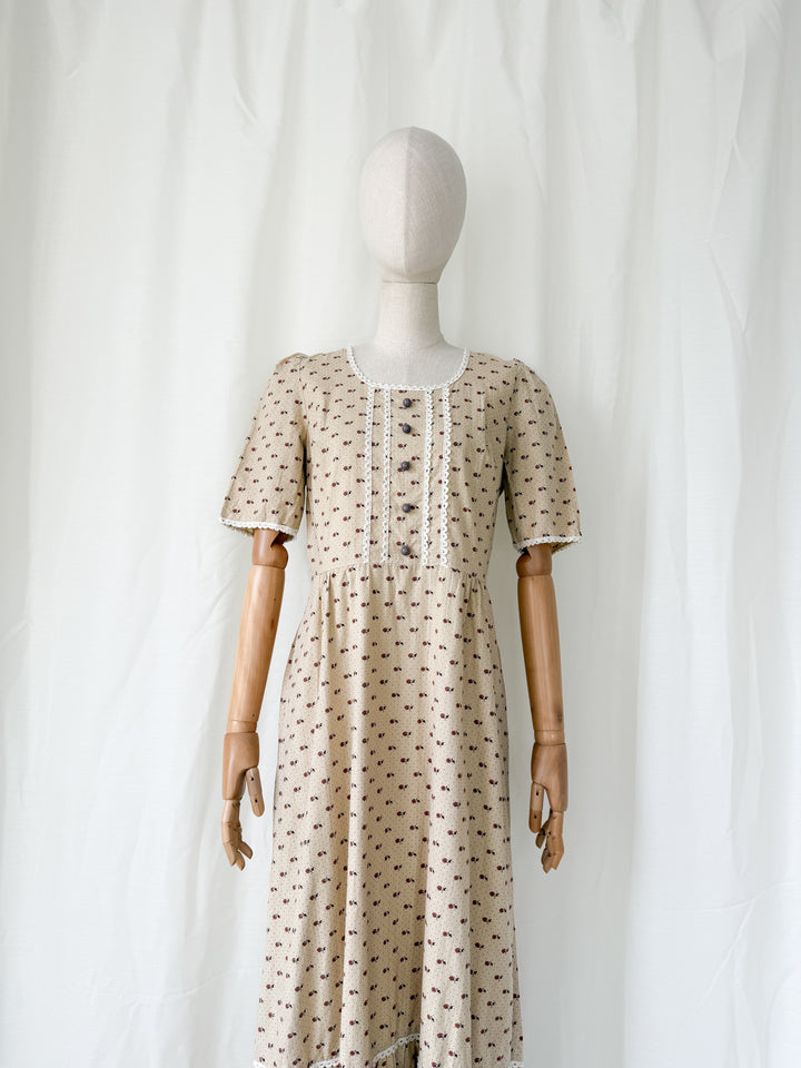 Adorable 1970s Bohemian Tan Floral Cotton Maxi Dress