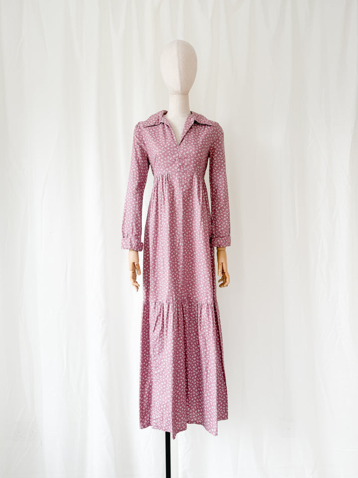 Pretty 1970s Dusky Mauve Floral Cotton Maxi Dress