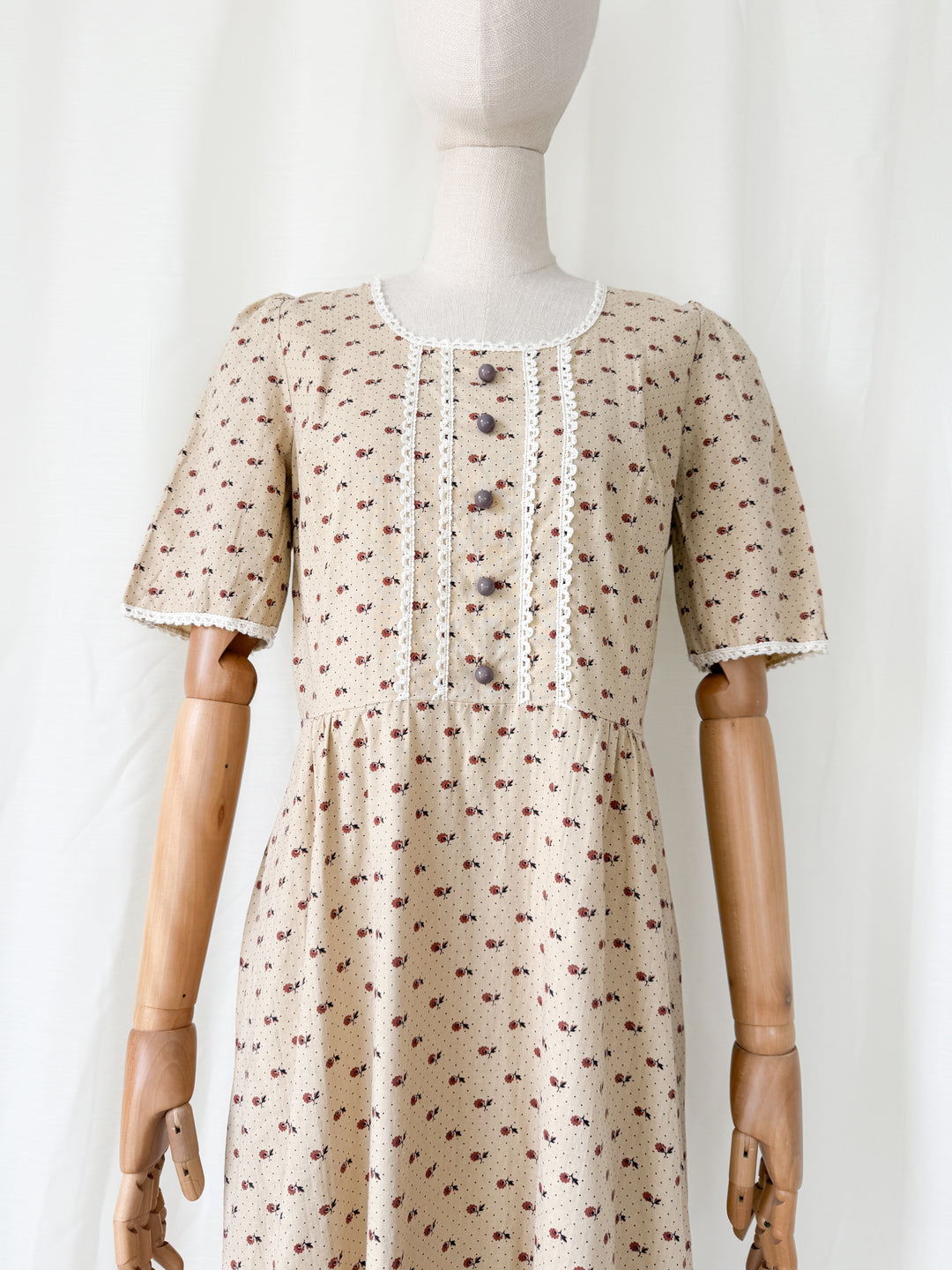 Adorable 1970s Bohemian Tan Floral Cotton Maxi Dress