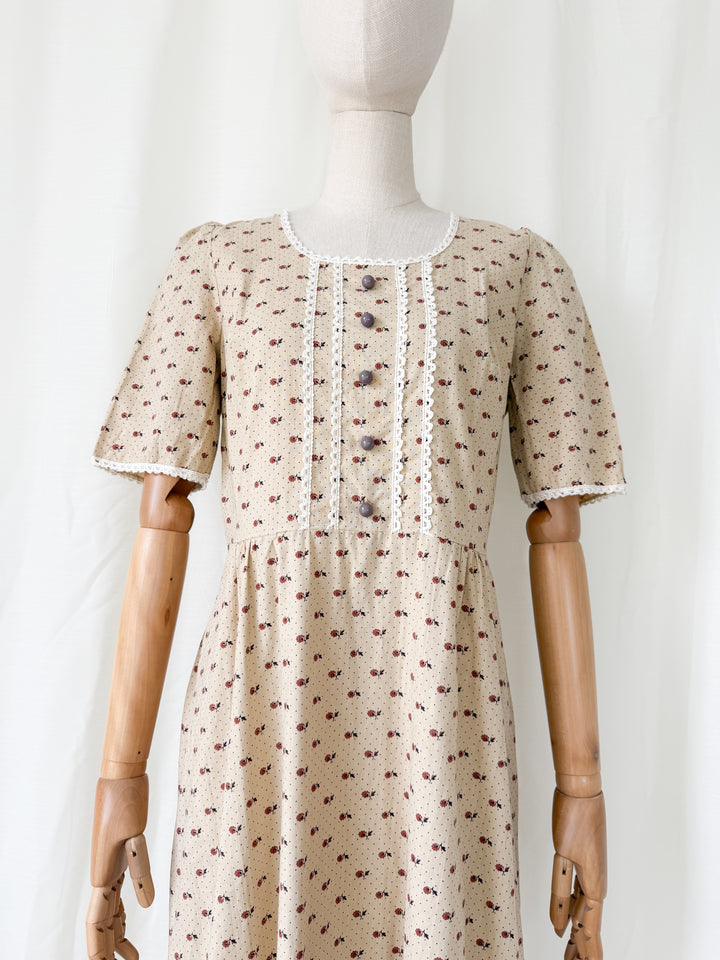 Adorable 1970s Bohemian Tan Floral Cotton Maxi Dress