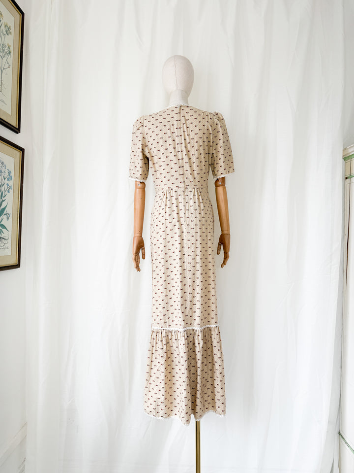 Adorable 1970s Bohemian Tan Floral Cotton Maxi Dress