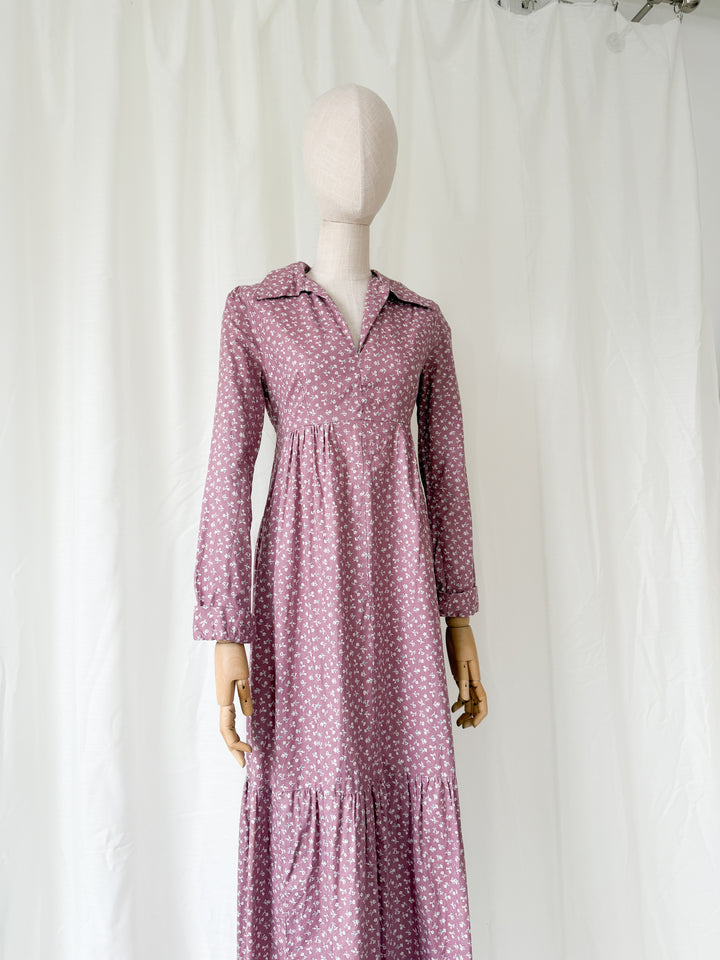 Pretty 1970s Dusky Mauve Floral Cotton Maxi Dress