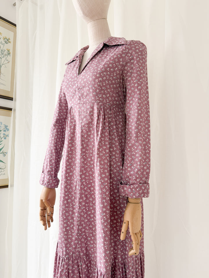 Pretty 1970s Dusky Mauve Floral Cotton Maxi Dress