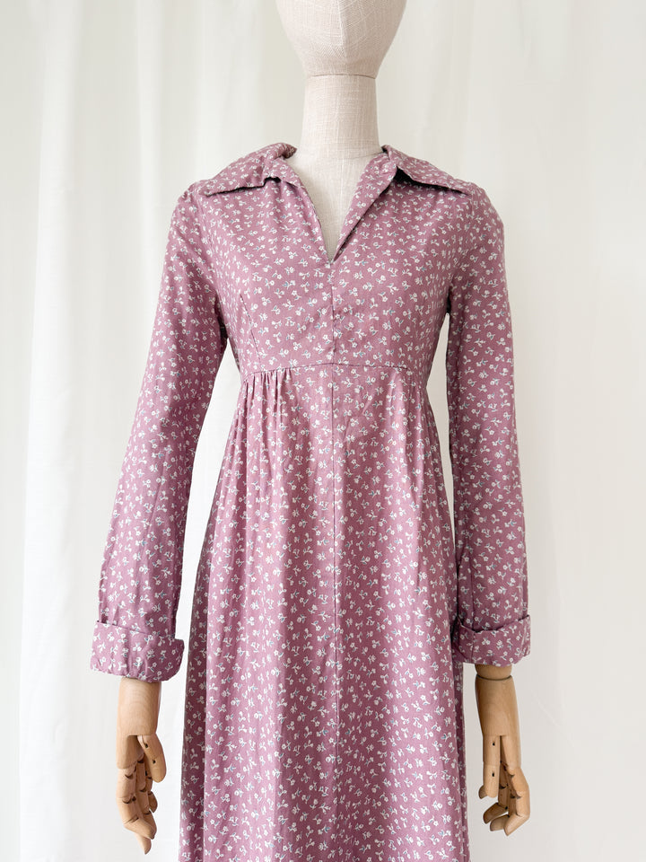 Pretty 1970s Dusky Mauve Floral Cotton Maxi Dress