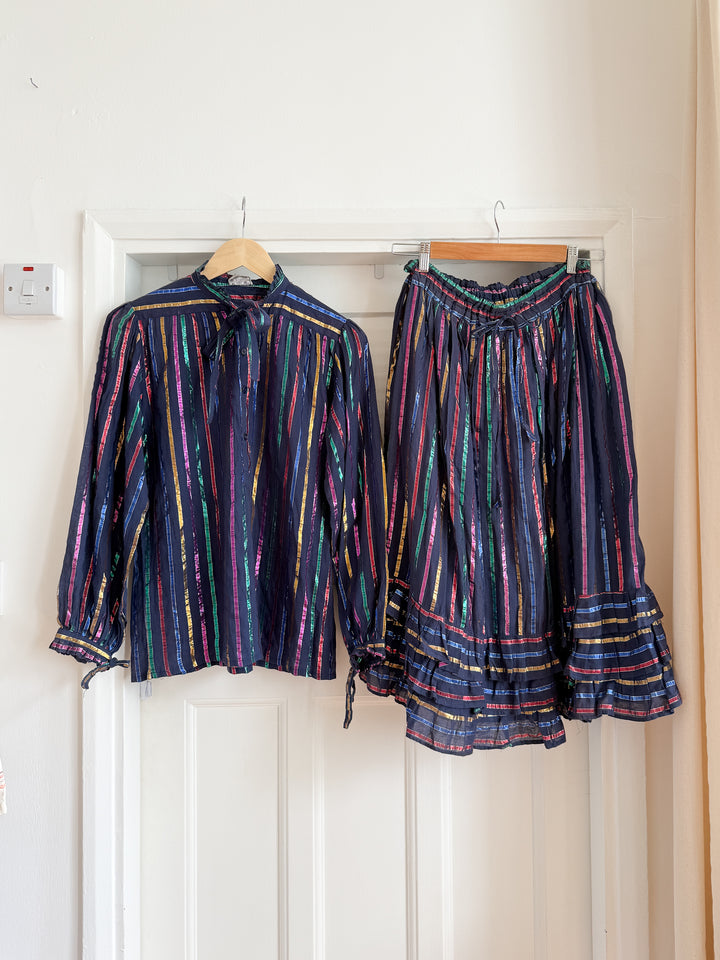 Rare Late 70s Shimmering Fine Indian Cotton Gauze Lurex Stripe Skirt and Blouse Co Ord set