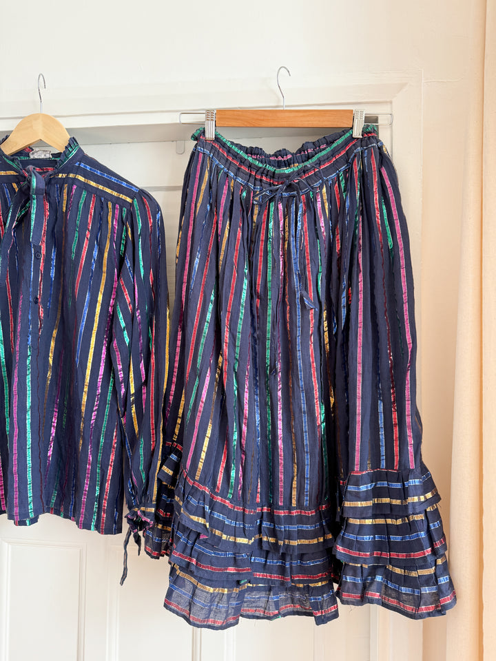 Rare Late 70s Shimmering Fine Indian Cotton Gauze Lurex Stripe Skirt and Blouse Co Ord set