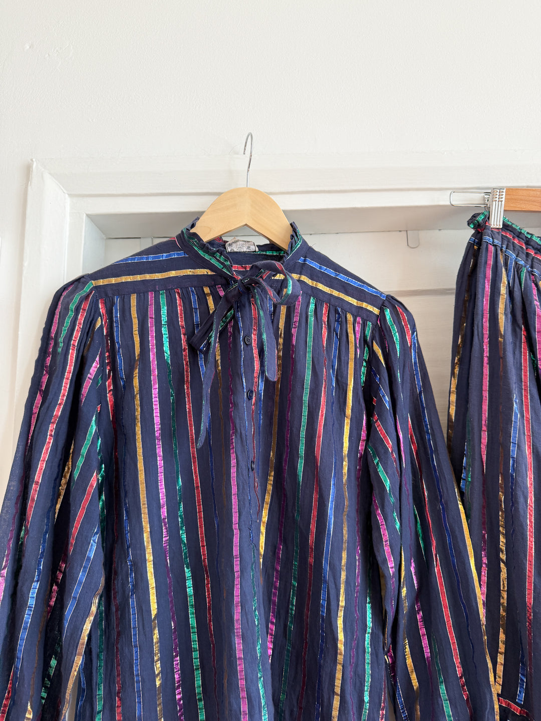 Rare Late 70s Shimmering Fine Indian Cotton Gauze Lurex Stripe Skirt and Blouse Co Ord set