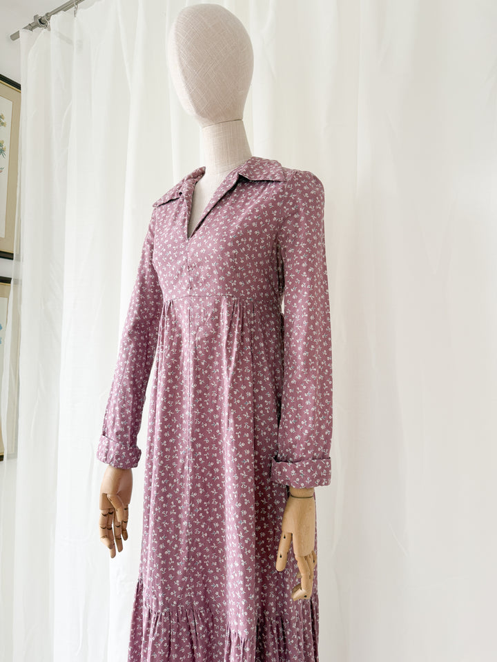 Pretty 1970s Dusky Mauve Floral Cotton Maxi Dress