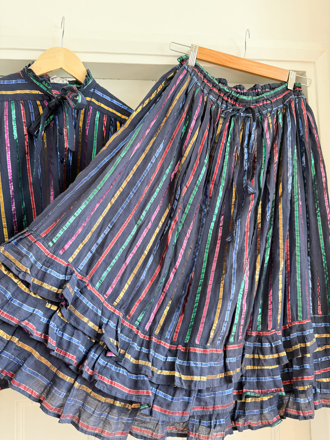 Rare Late 70s Shimmering Fine Indian Cotton Gauze Lurex Stripe Skirt and Blouse Co Ord set