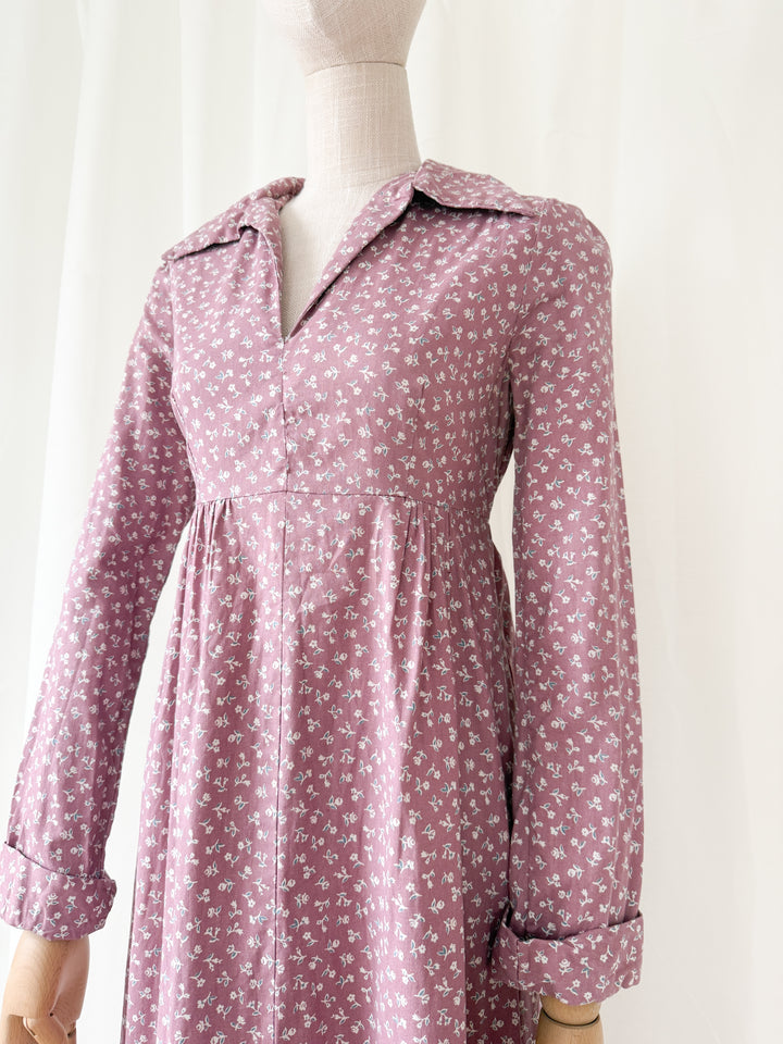 Pretty 1970s Dusky Mauve Floral Cotton Maxi Dress