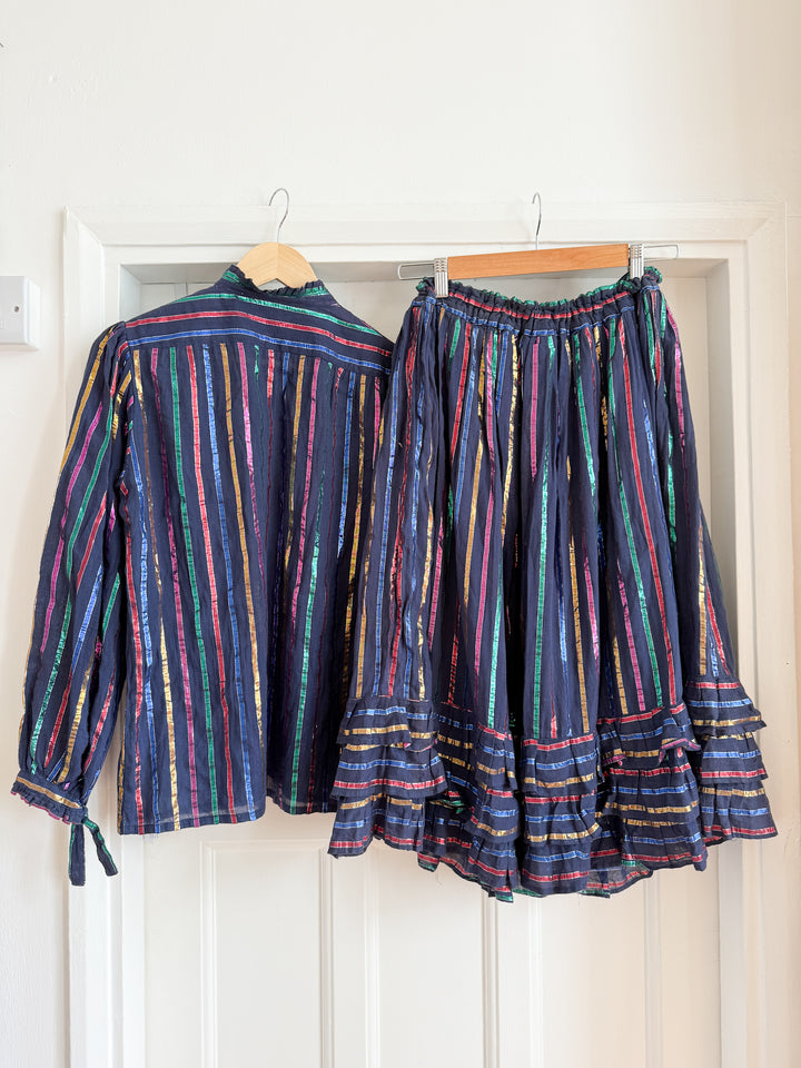 Rare Late 70s Shimmering Fine Indian Cotton Gauze Lurex Stripe Skirt and Blouse Co Ord set
