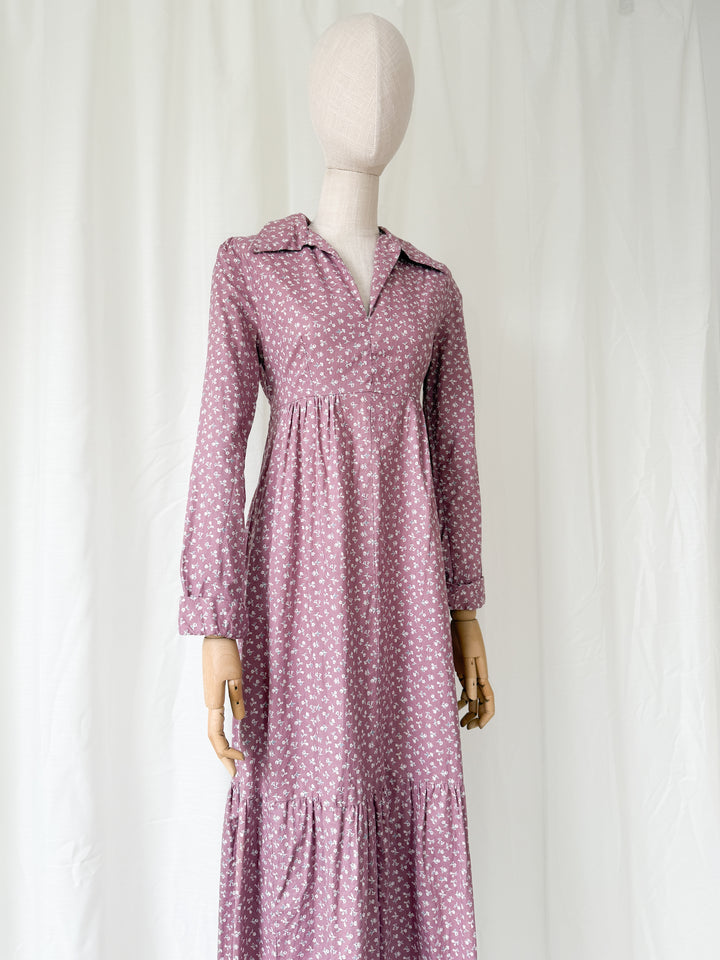 Pretty 1970s Dusky Mauve Floral Cotton Maxi Dress