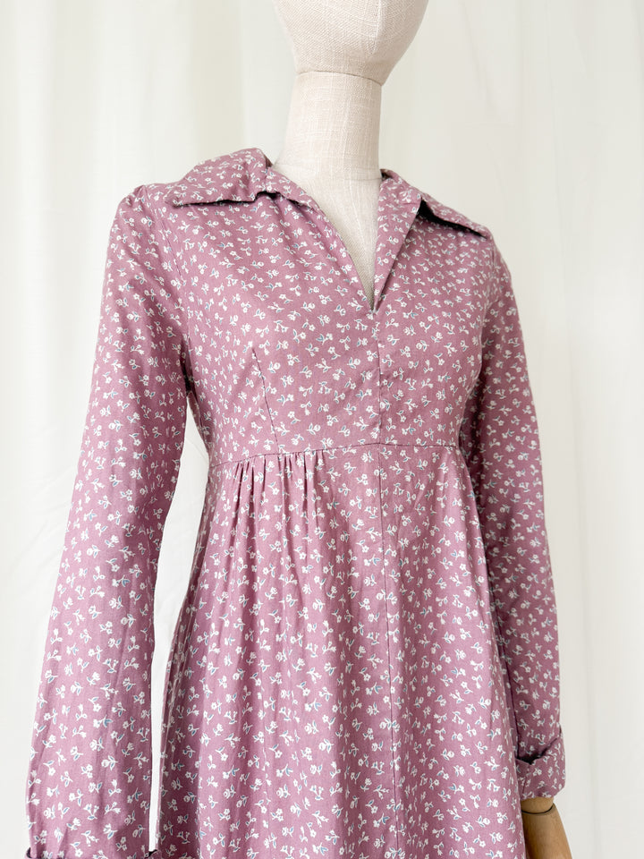 Pretty 1970s Dusky Mauve Floral Cotton Maxi Dress