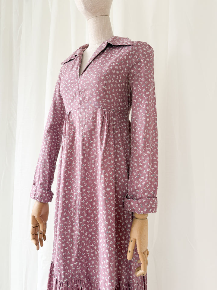 Pretty 1970s Dusky Mauve Floral Cotton Maxi Dress
