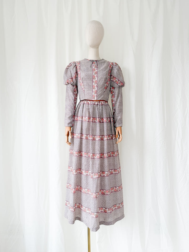 Incredible Beautiful 1970s Juliet Sleeve Floral Cotton Maxi Dress