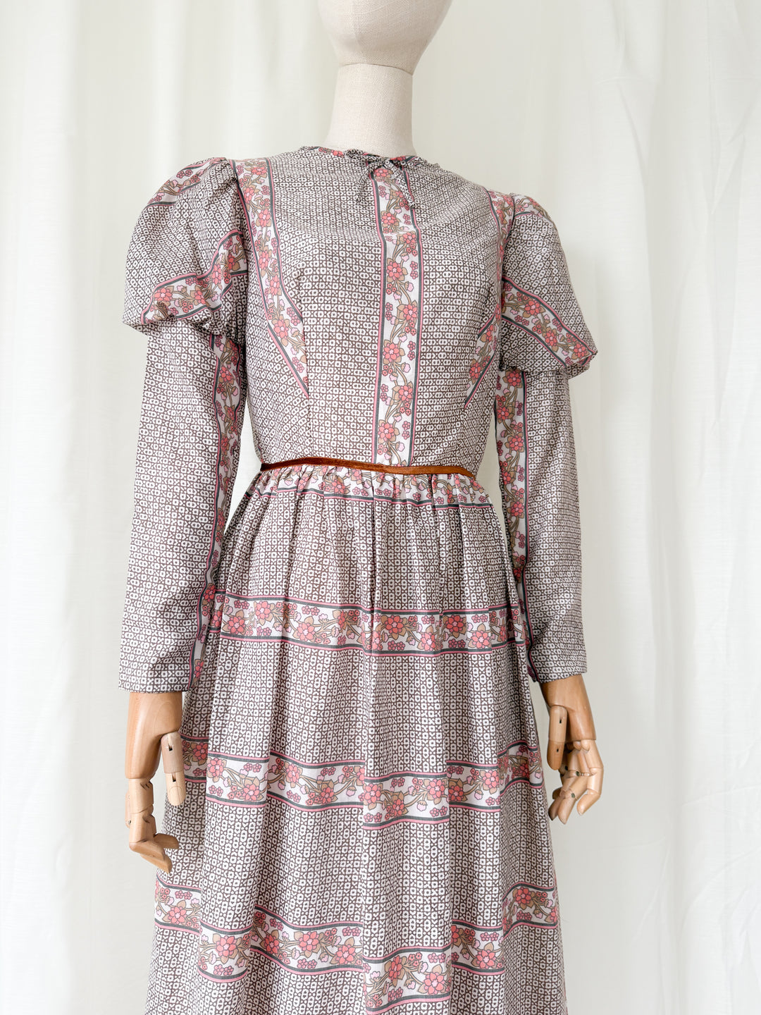 Incredible Beautiful 1970s Juliet Sleeve Floral Cotton Maxi Dress