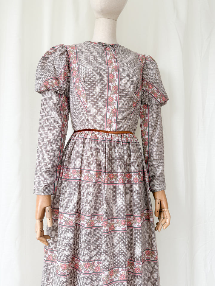 Incredible Beautiful 1970s Juliet Sleeve Floral Cotton Maxi Dress