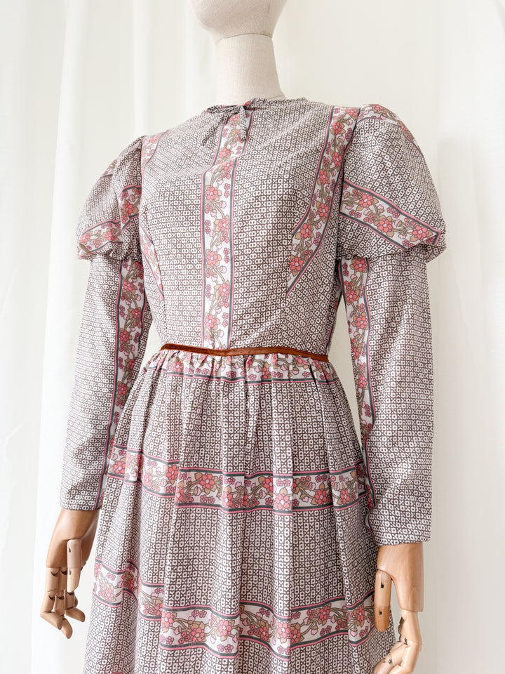 Incredible Beautiful 1970s Juliet Sleeve Floral Cotton Maxi Dress