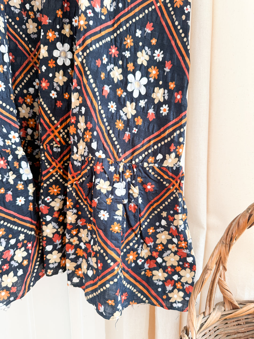 Heavenly 70s Seersucker Cotton Floral Maxi Skirt
