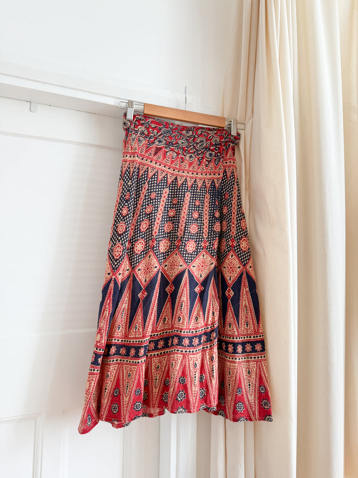 Rare Beautiful 70s Indian Cotton Wrap Midi Skirt