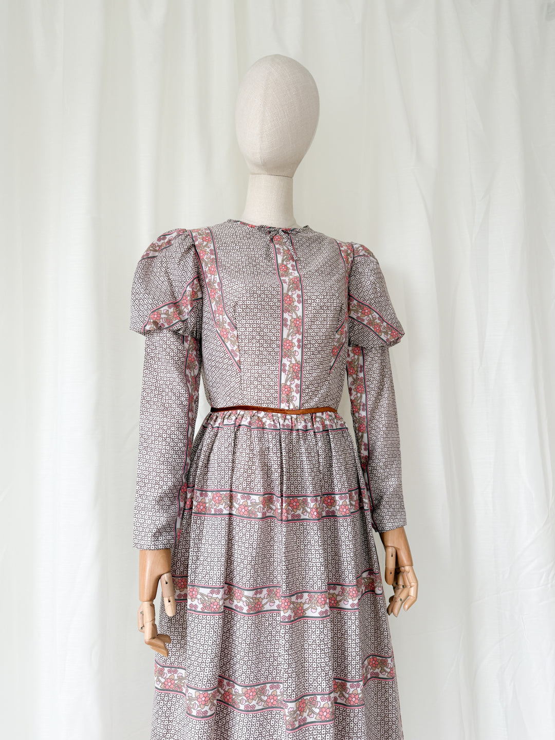 Incredible Beautiful 1970s Juliet Sleeve Floral Cotton Maxi Dress