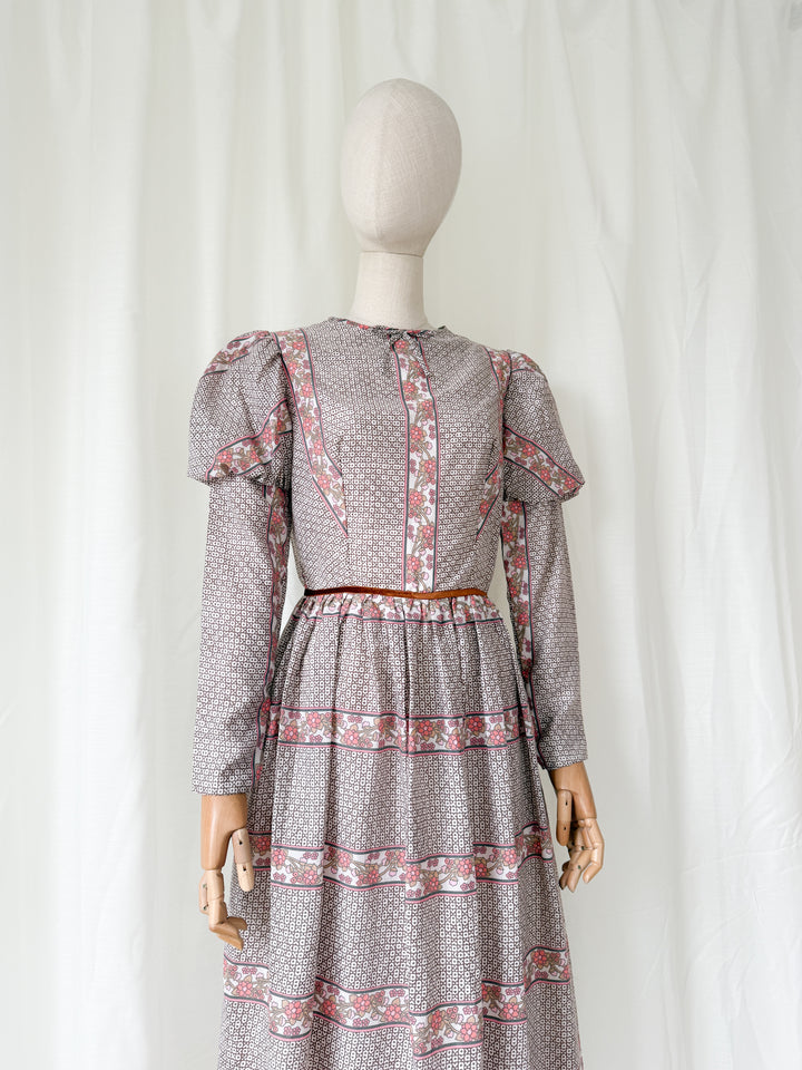 Incredible Beautiful 1970s Juliet Sleeve Floral Cotton Maxi Dress