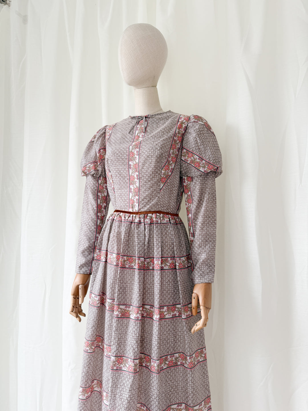 Incredible Beautiful 1970s Juliet Sleeve Floral Cotton Maxi Dress