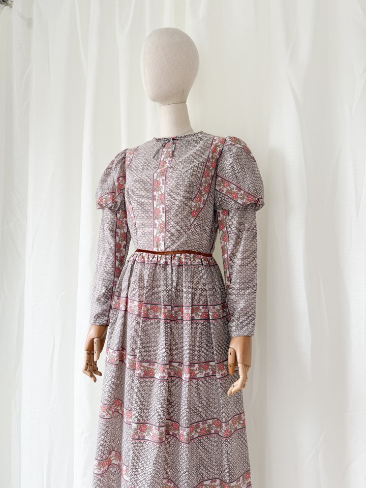 Incredible Beautiful 1970s Juliet Sleeve Floral Cotton Maxi Dress