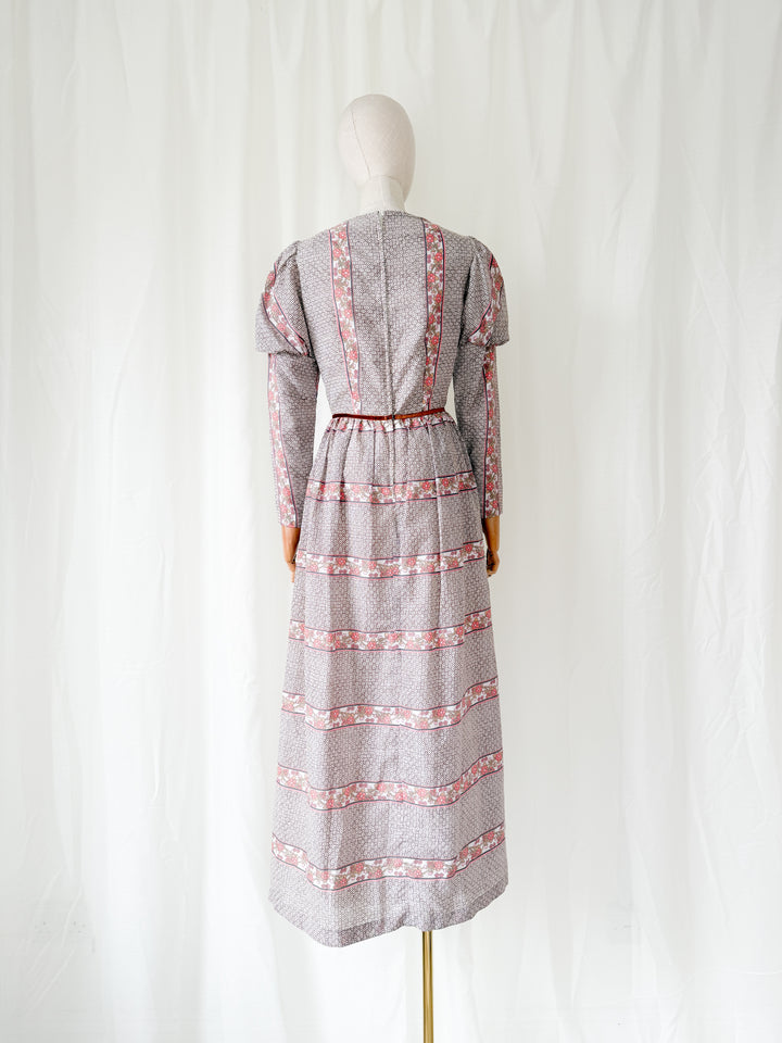 Incredible Beautiful 1970s Juliet Sleeve Floral Cotton Maxi Dress