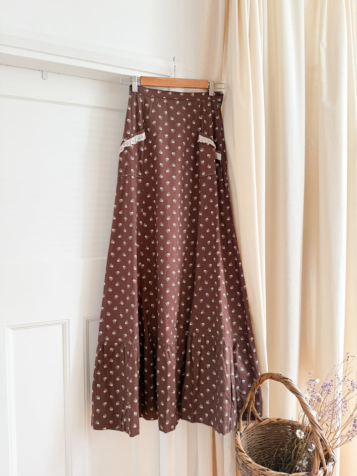 Incredible 70s Brown Floral Cotton Maxi Skirt