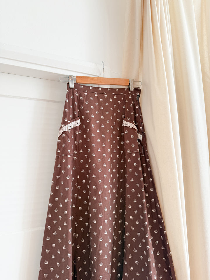 Incredible 70s Brown Floral Cotton Maxi Skirt