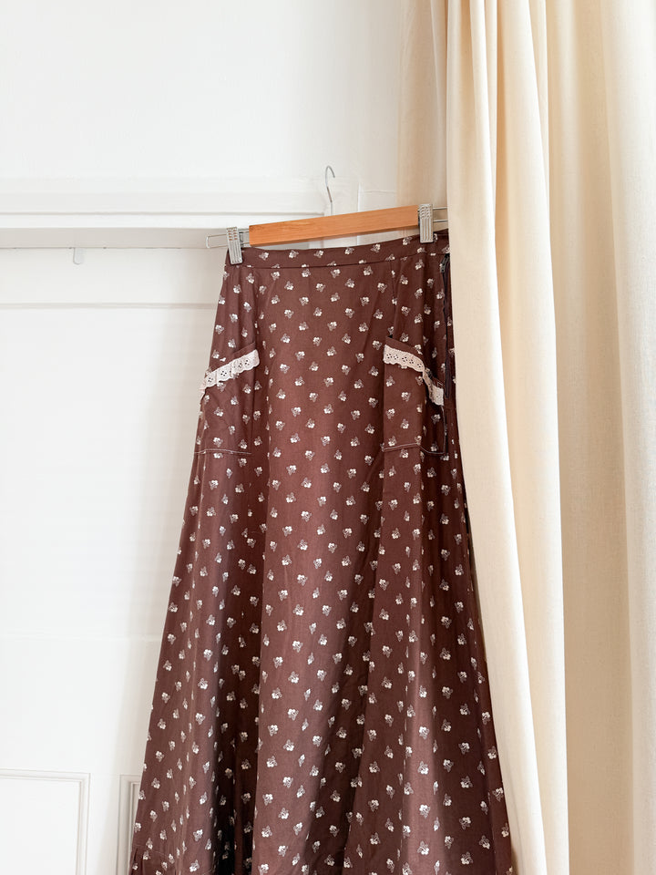 Incredible 70s Brown Floral Cotton Maxi Skirt