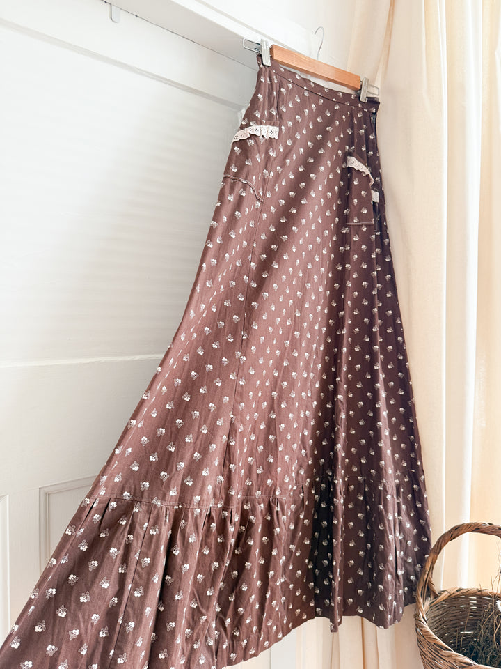 Incredible 70s Brown Floral Cotton Maxi Skirt