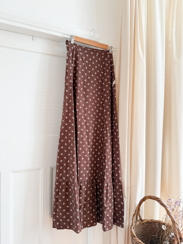Incredible 70s Brown Floral Cotton Maxi Skirt