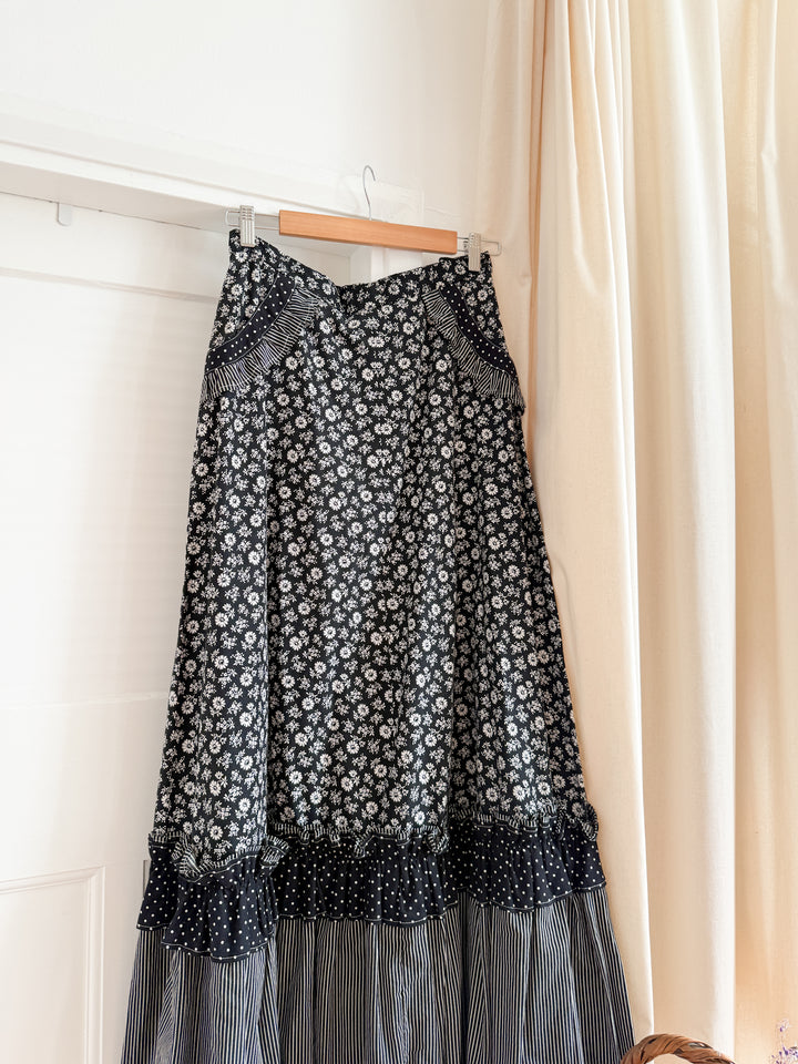 Gorgeous 70s Black Cotton Frilly Maxi Skirt