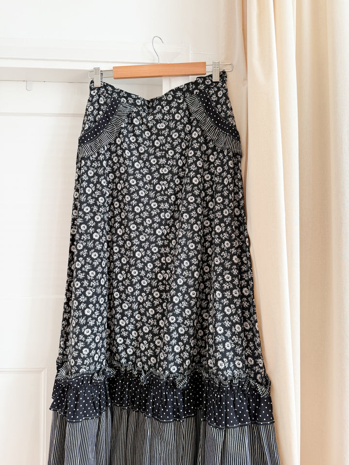 Gorgeous 70s Black Cotton Frilly Maxi Skirt