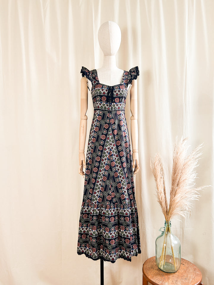 Gorgeous 1970s Cotton Black Folky Floral Sundress