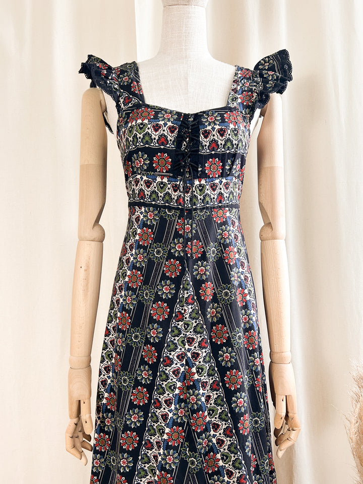 Gorgeous 1970s Cotton Black Folky Floral Sundress