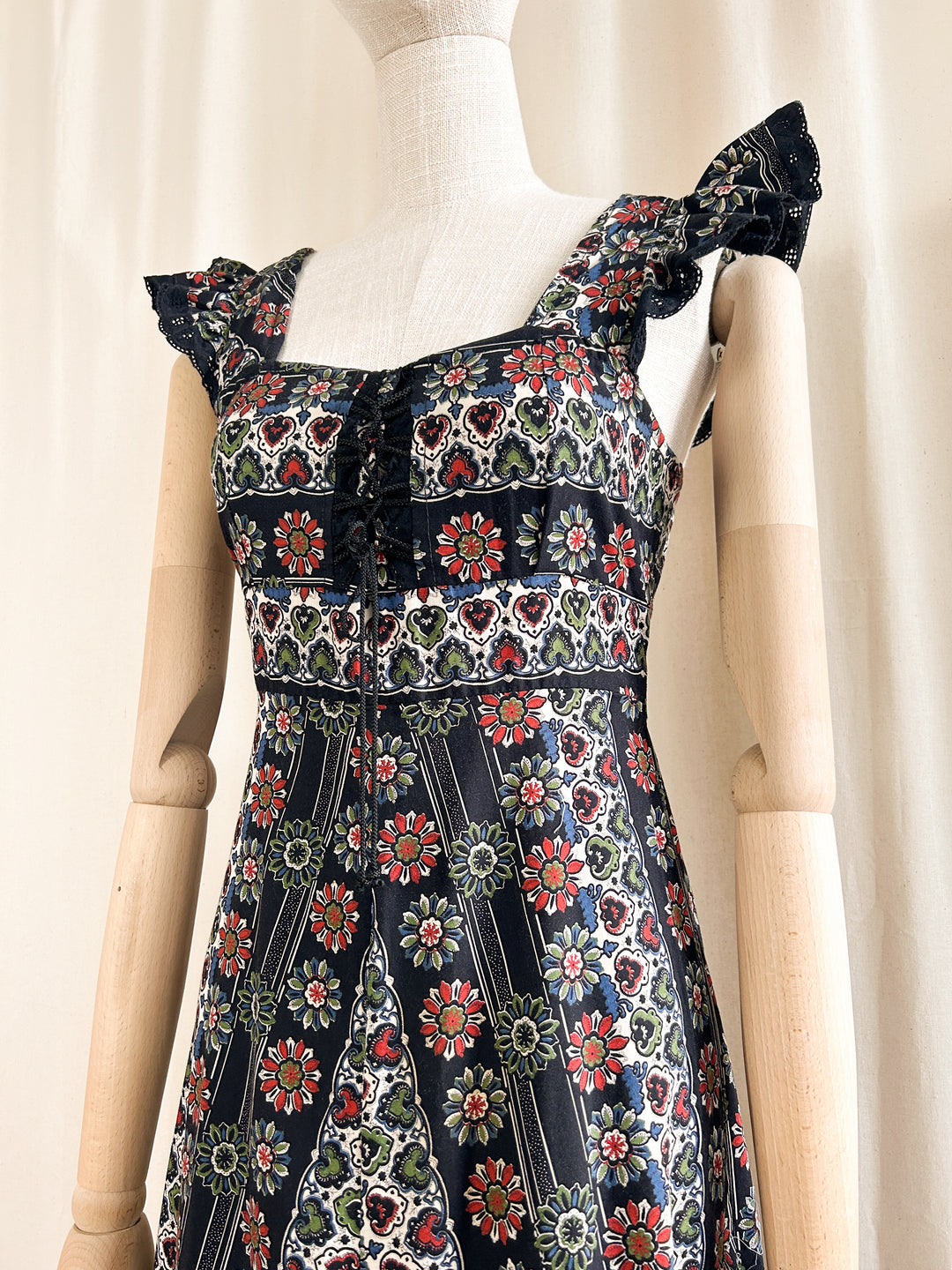 Gorgeous 1970s Cotton Black Folky Floral Sundress